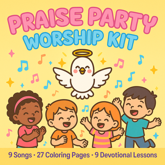 🎉 Praise Party Worship Kit – 9 Christian Kids Songs with 27 Coloring Pages + 9 Devotional Lessons